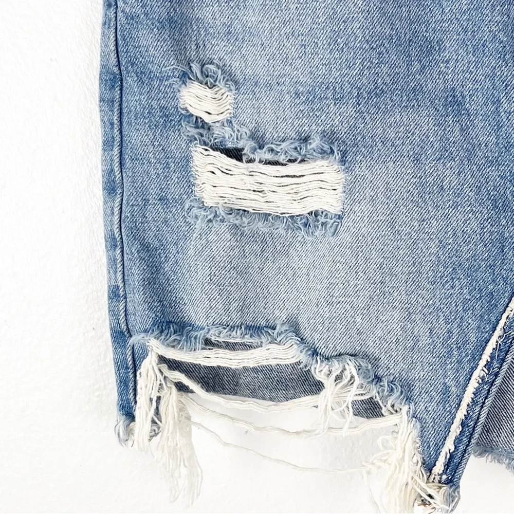 FREE PEOPLE WE THE FREE Ripped Distressed Blue Denim Jean Mini Skirt 26 Boho
